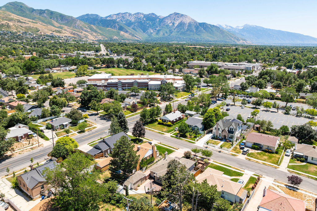 Aerial view of residential area with a mountain backdrop