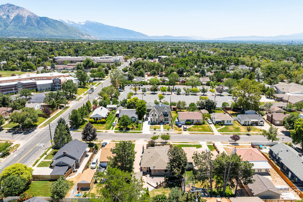 Aerial perspective of suburban area featuring mountains