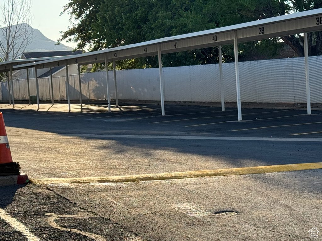 Covered parking lot with a mountain view