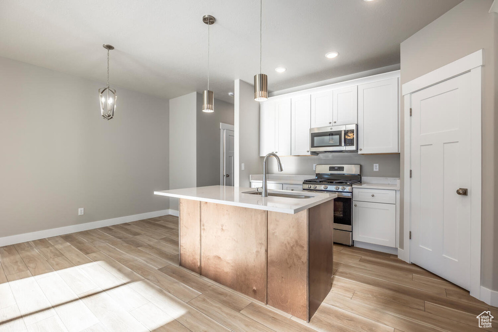 Kitchen with stainless steel appliances, light wood-type flooring, light countertops, an island with sink, and recessed lighting