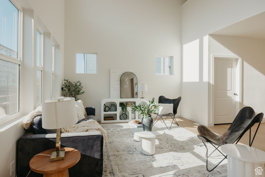 Living area featuring a towering ceiling and healthy amount of natural light