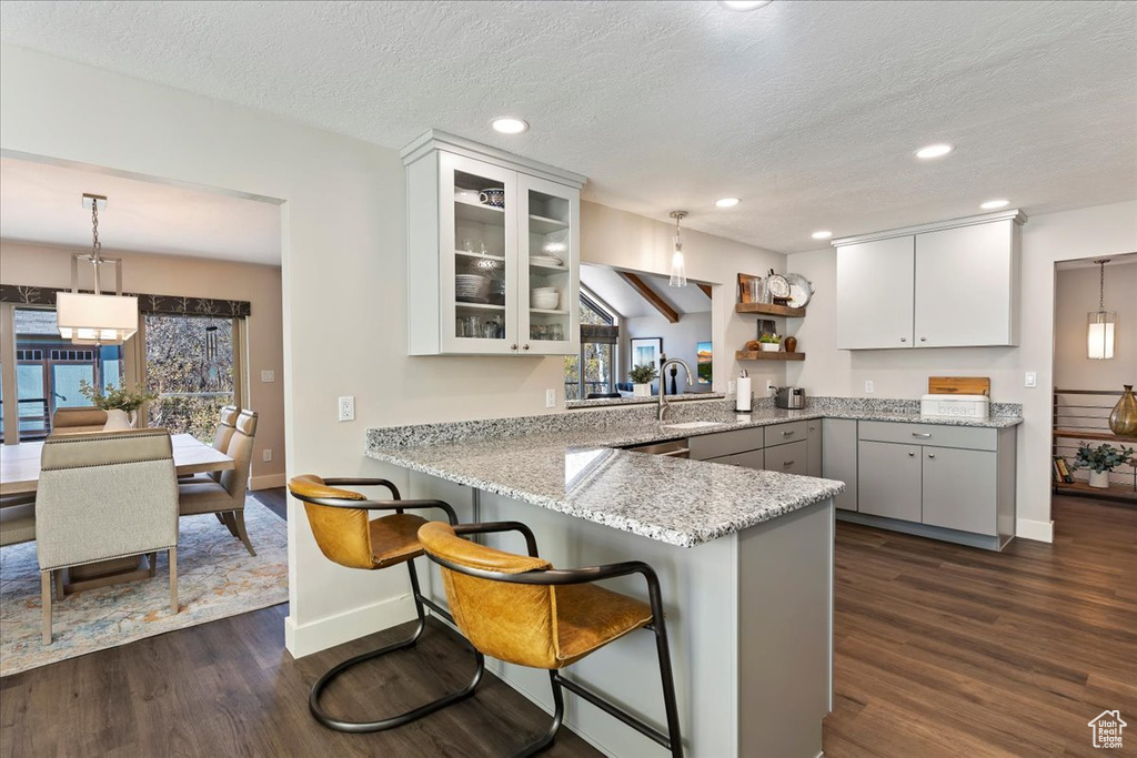 Kitchen with dark wood-style flooring, glass insert cabinets, a peninsula, healthy amount of natural light, and recessed lighting