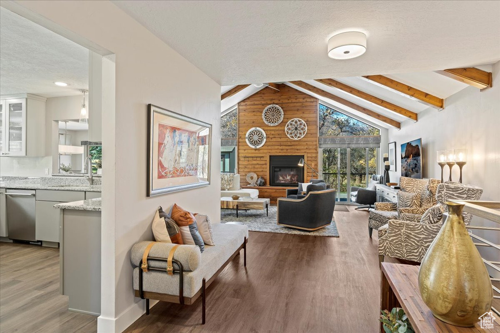 Living area with a textured ceiling, wood finished floors, and a large fireplace