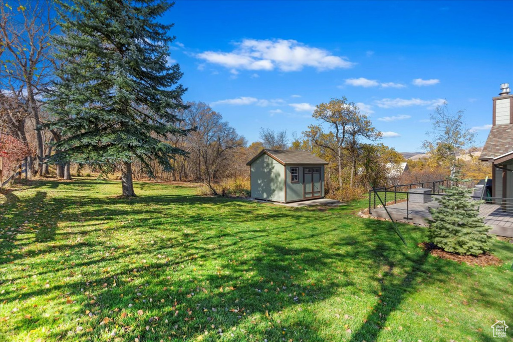 View of yard with a shed