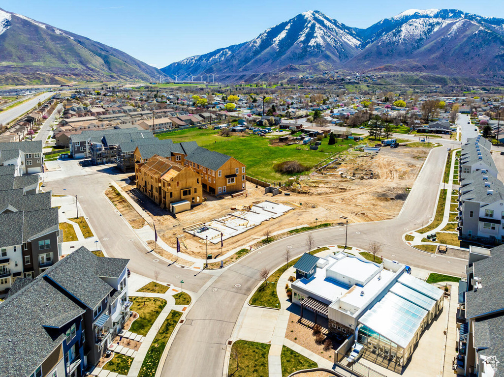 Aerial view of residential area with mountains