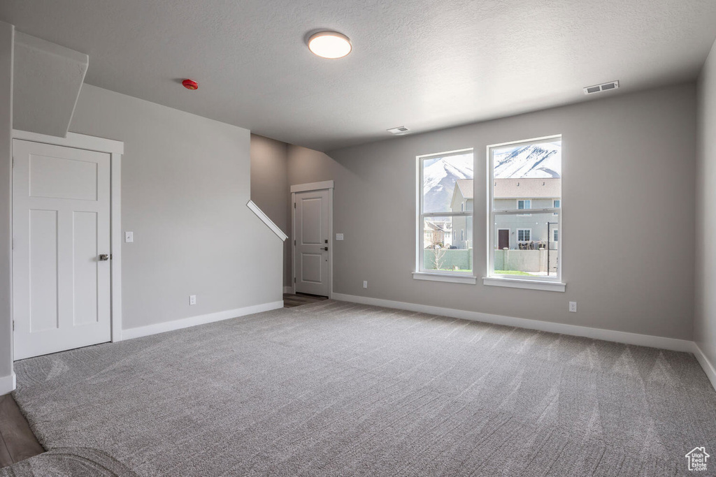 Unfurnished living room featuring carpet floors and a textured ceiling