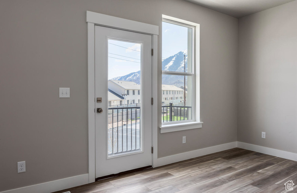 Doorway featuring wood finished floors and a mountain view