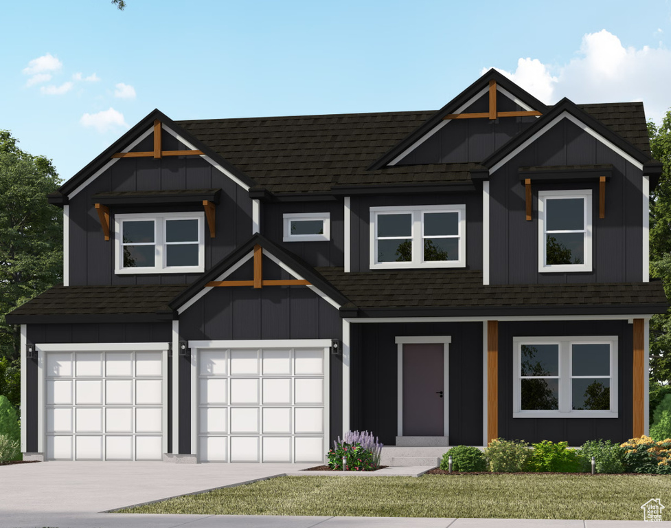 View of front of house with a garage, a shingled roof, board and batten siding, and driveway
