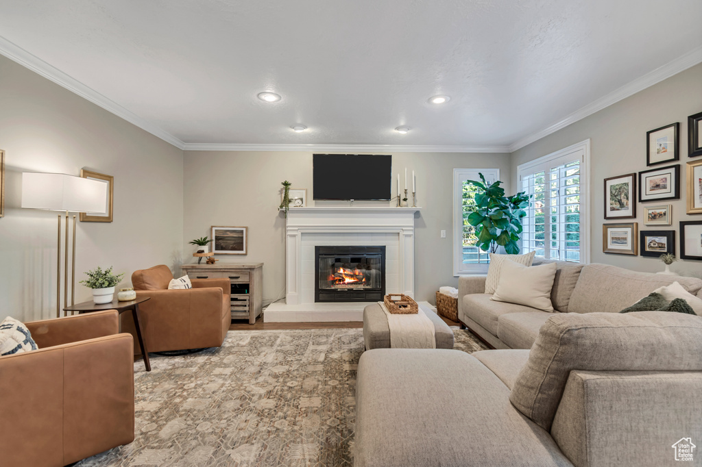 Living room featuring crown molding, a glass covered fireplace, wood finished floors, and recessed lighting