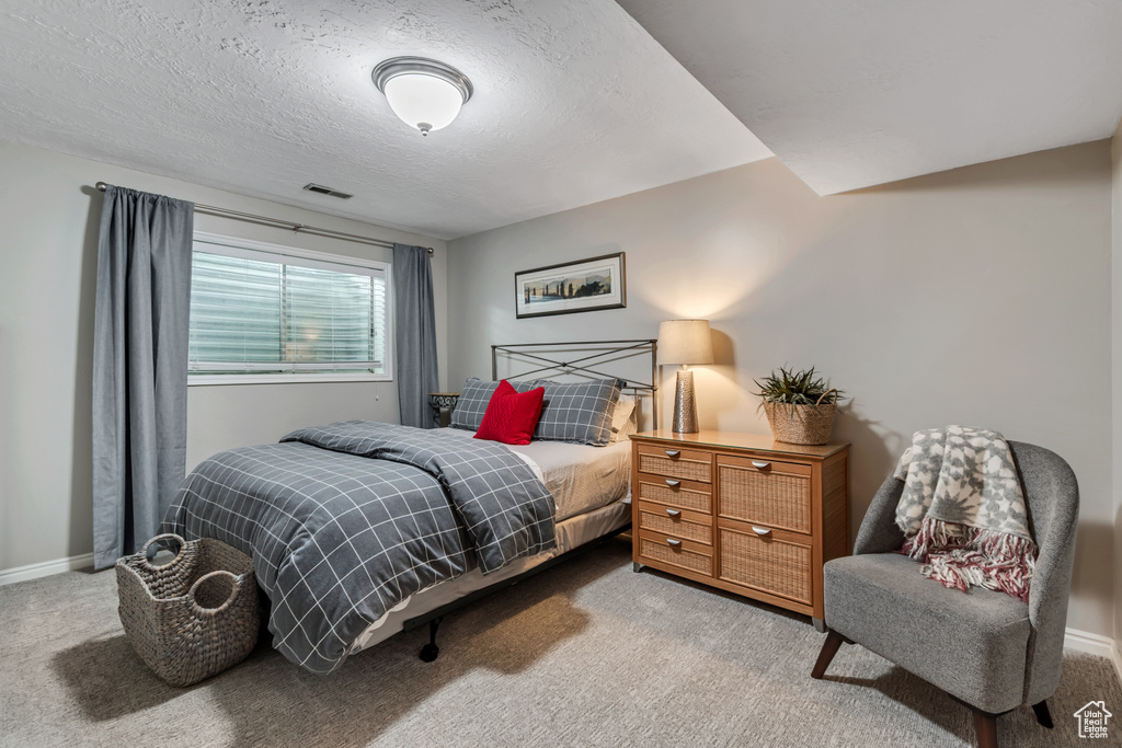 Carpeted bedroom with baseboards and a textured ceiling