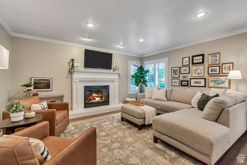 Living area featuring wood finished floors, ornamental molding, a glass covered fireplace, and recessed lighting