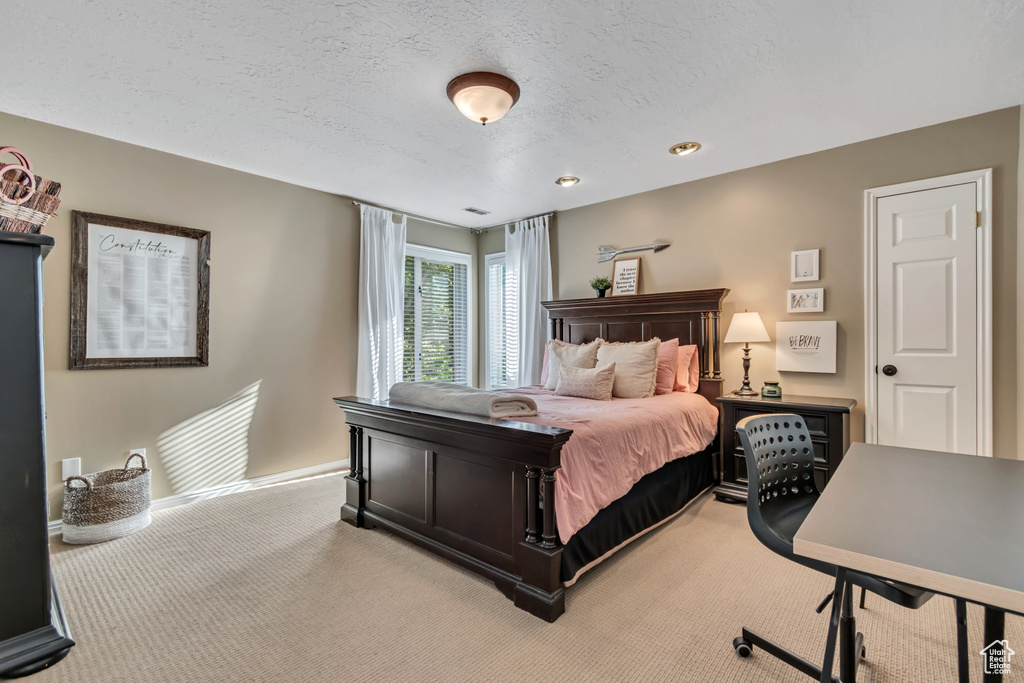 Bedroom with light colored carpet, a textured ceiling, and an office area