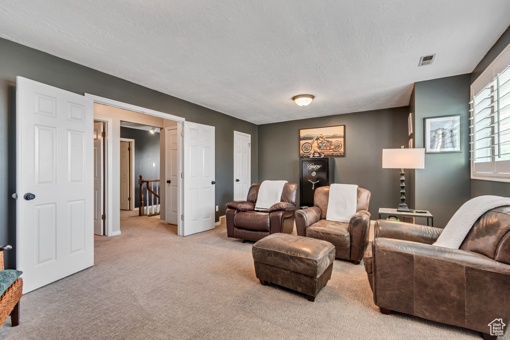 Living room featuring light colored carpet and a textured ceiling