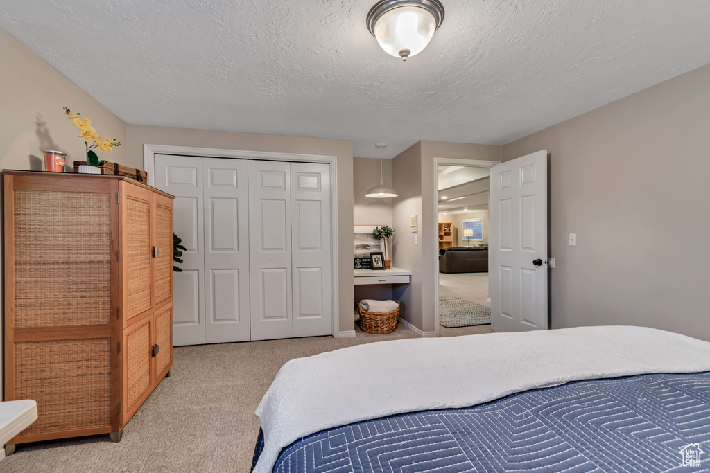Carpeted bedroom featuring a closet and a textured ceiling