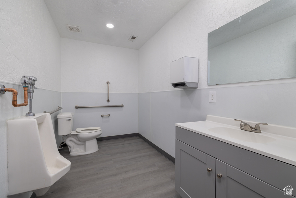 Bathroom with wood finished floors and vanity