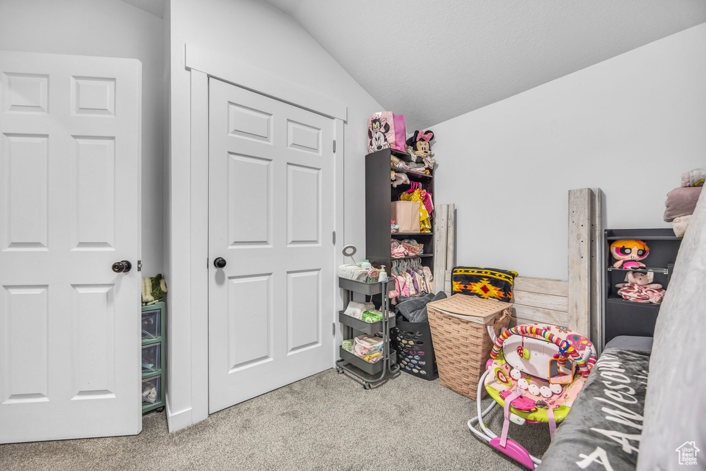 Recreation room featuring carpet floors and lofted ceiling
