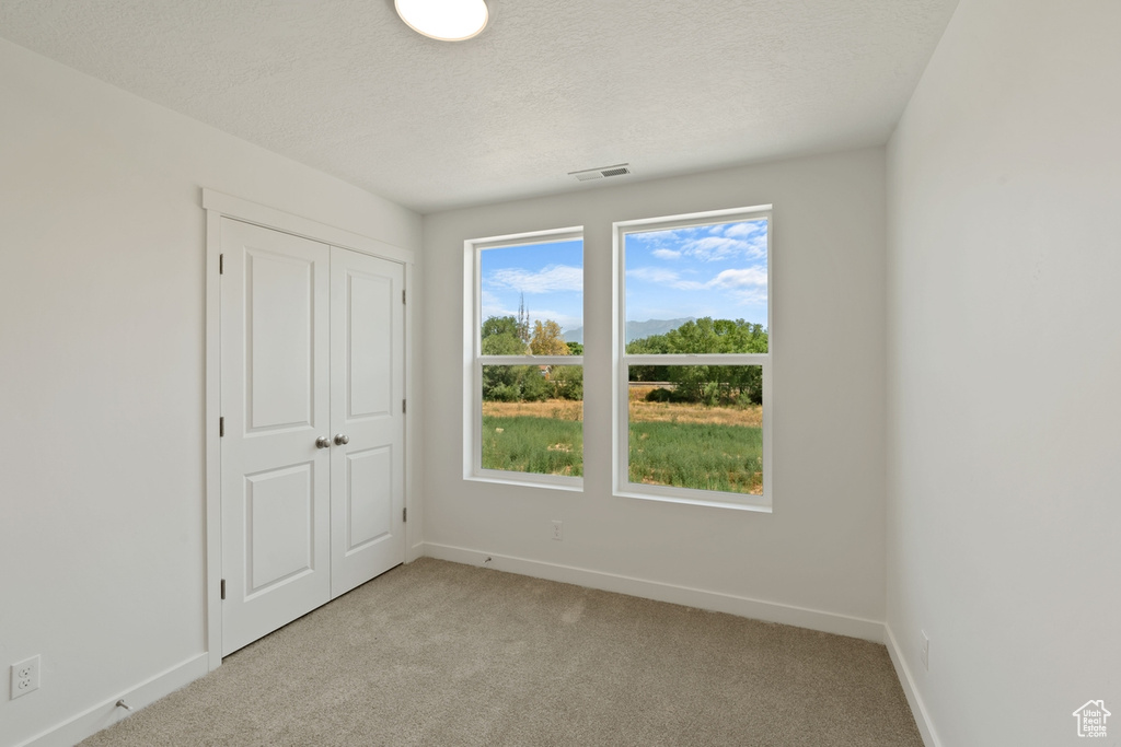 Unfurnished bedroom with light colored carpet, a textured ceiling, and a closet