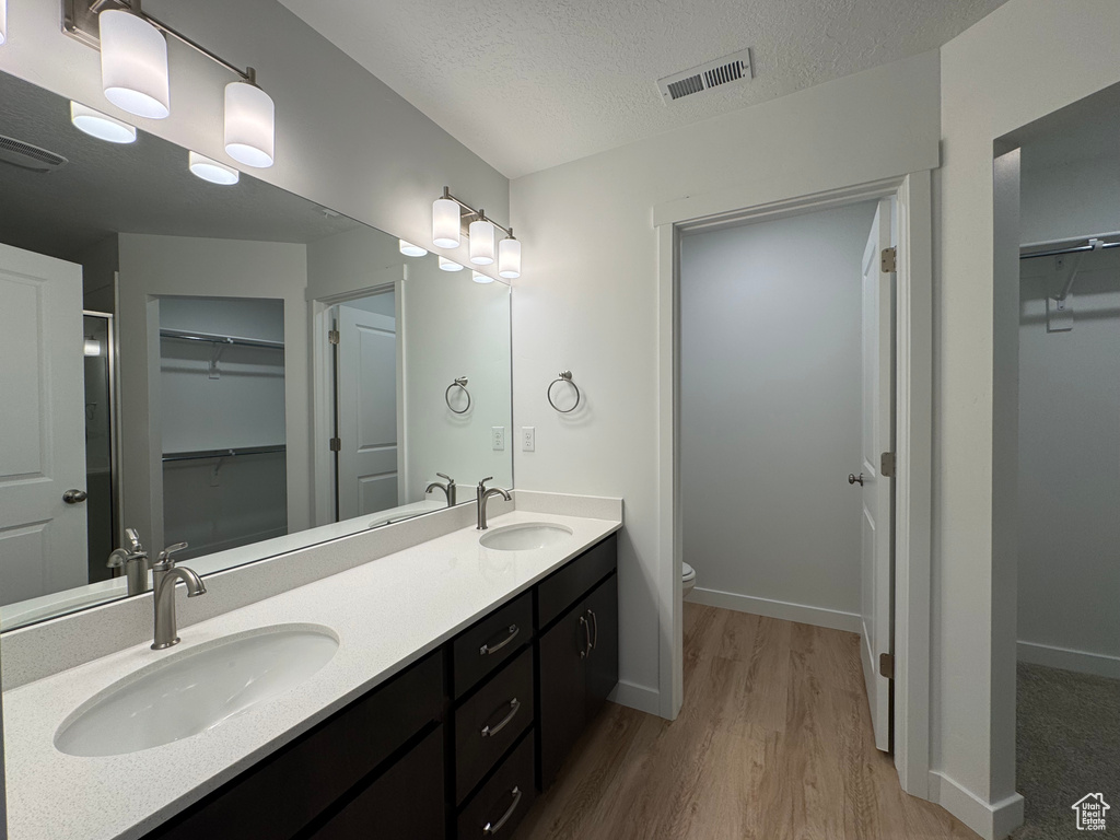 Bathroom with wood finished floors, double vanity, a spacious closet, and a textured ceiling