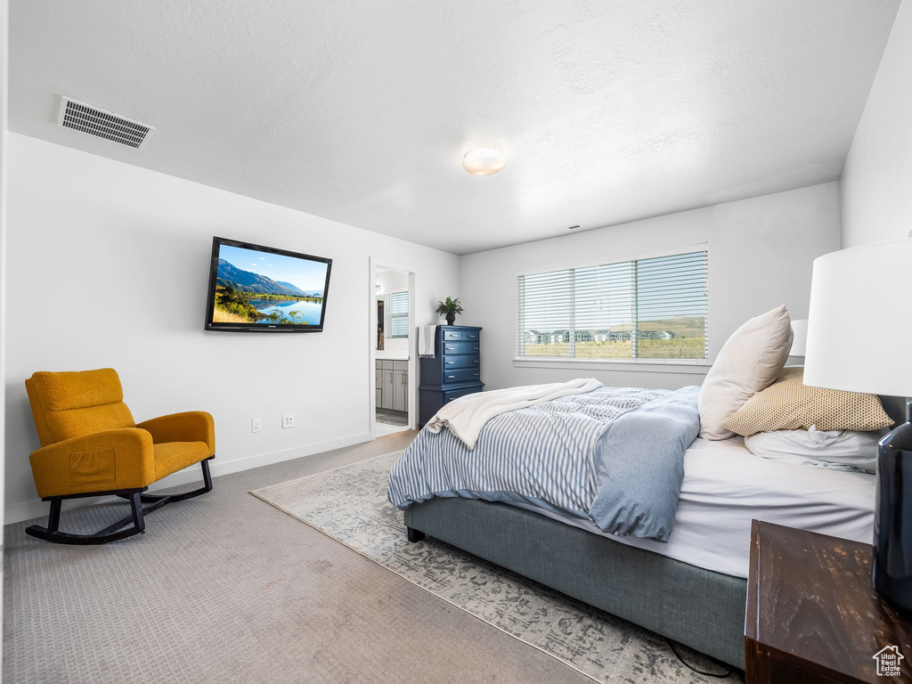 Carpeted bedroom featuring baseboards and connected bathroom