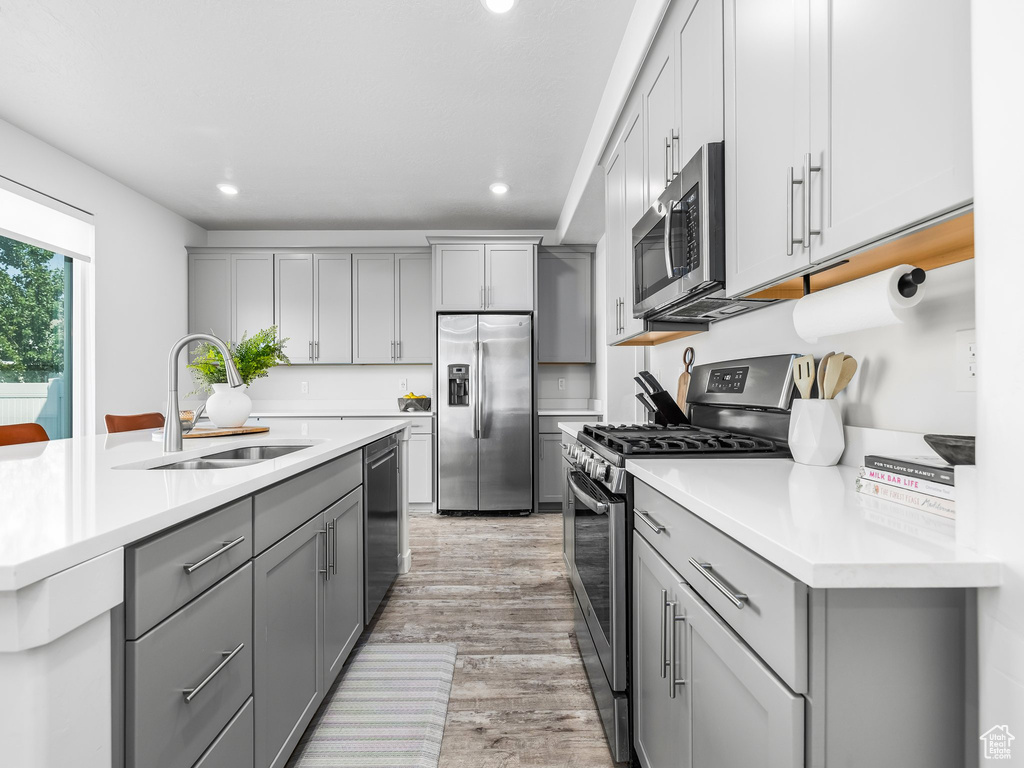 Kitchen with appliances with stainless steel finishes, gray cabinetry, light wood-style floors, recessed lighting, and light countertops