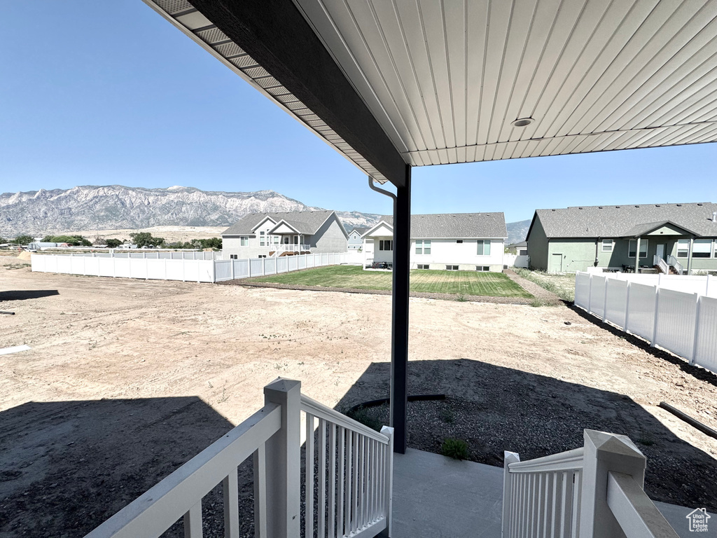 Fenced backyard featuring a mountain view and a residential view
