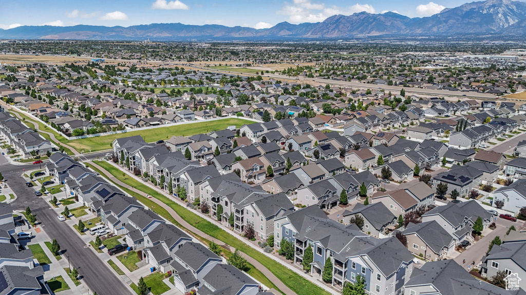 Aerial perspective of suburban area with mountains