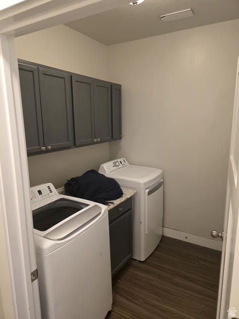 Laundry area with separate washer and dryer, cabinet space, and dark wood finished floors