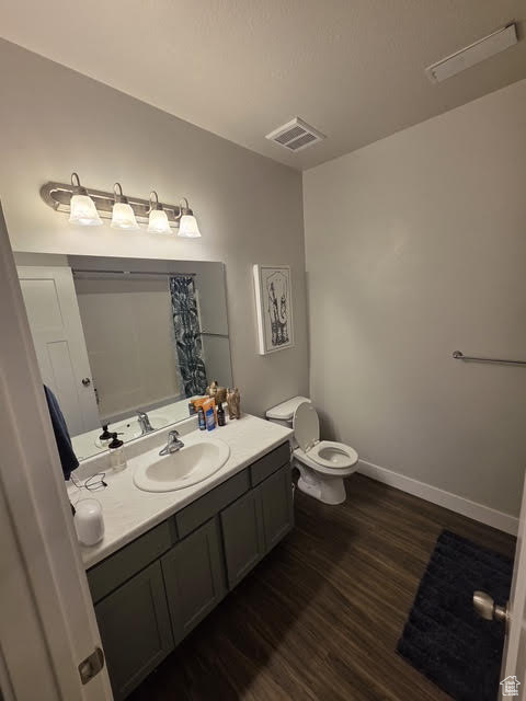 Full bathroom with wood finished floors, vanity, and a shower with curtain