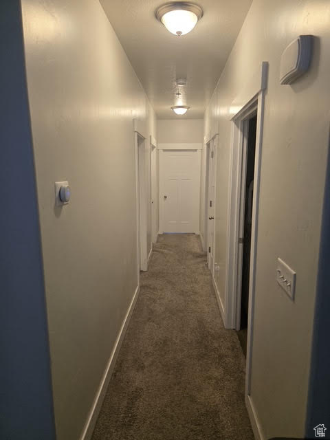 Hall featuring dark colored carpet and baseboards