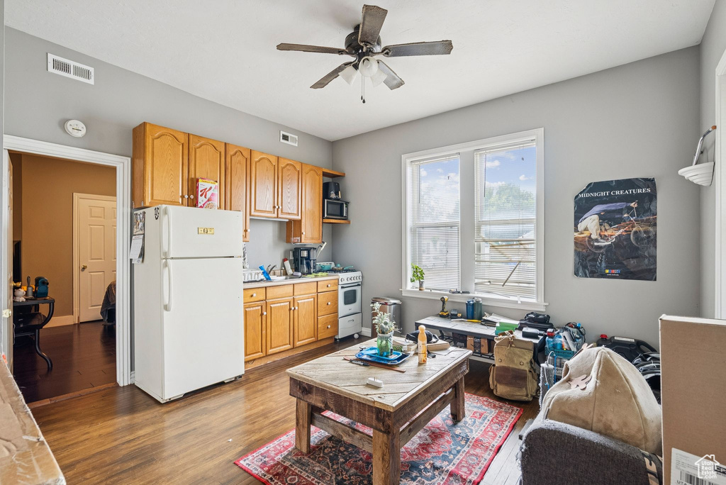 Living room featuring wood finished floors and ceiling fan