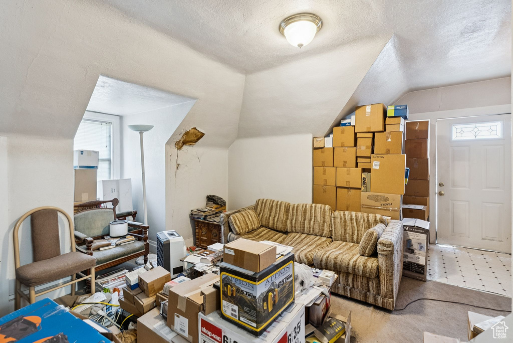 Living room featuring lofted ceiling, healthy amount of natural light, and a textured ceiling