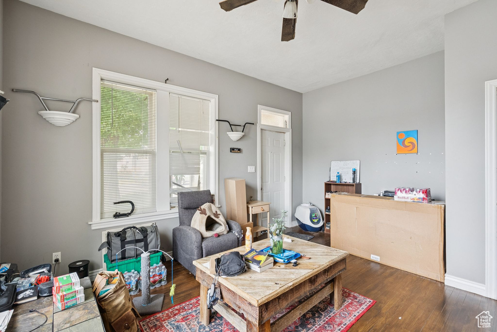 Living room featuring a ceiling fan and dark wood finished floors