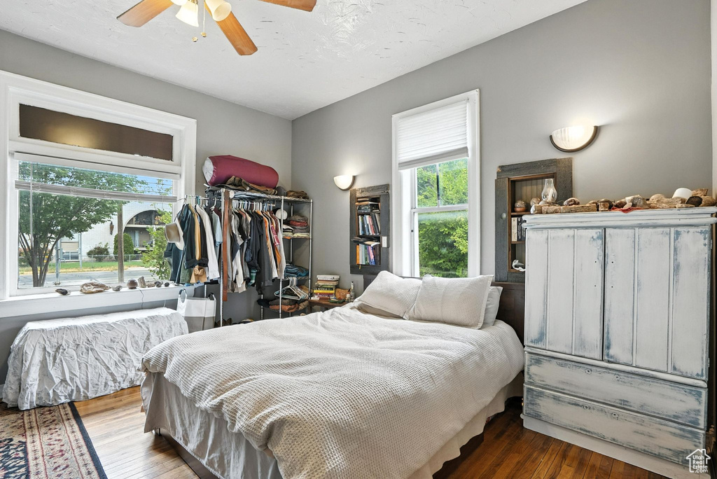Bedroom with multiple windows, wood finished floors, and a ceiling fan