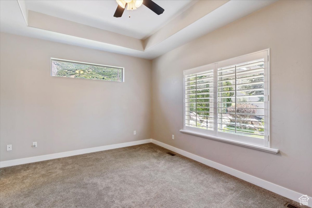 Carpeted spare room with healthy amount of natural light and a ceiling fan