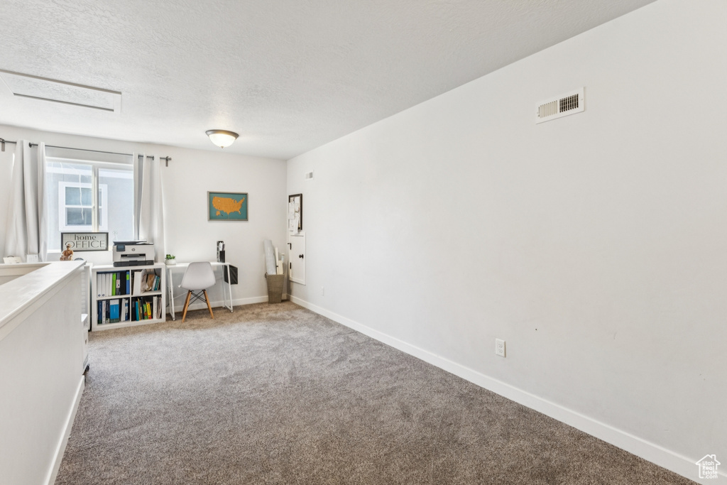 Carpeted spare room featuring a textured ceiling and baseboards