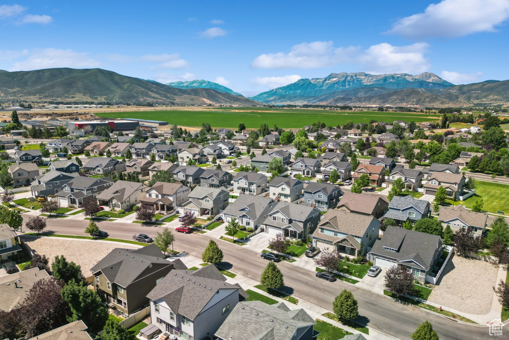 Aerial view of residential area with mountains