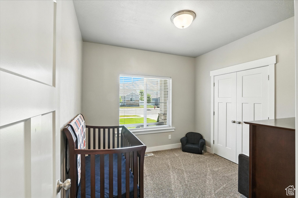 Bedroom featuring carpet floors and a nursery area