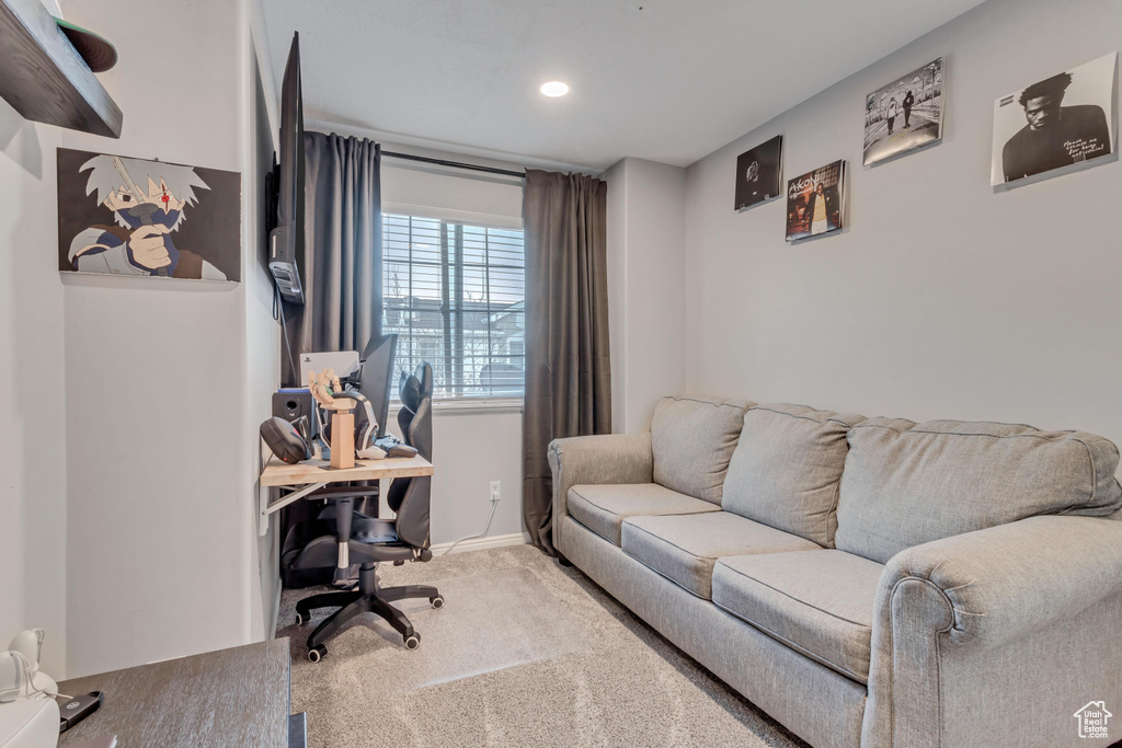 Home office with carpet and recessed lighting