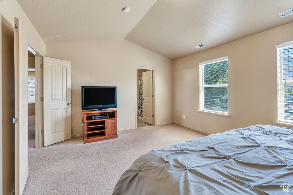Bedroom with vaulted ceiling, light carpet, and multiple windows