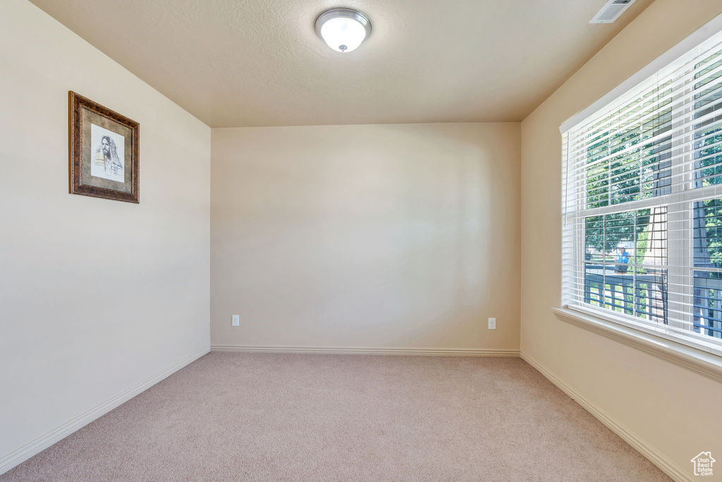 Unfurnished room with light colored carpet and plenty of natural light