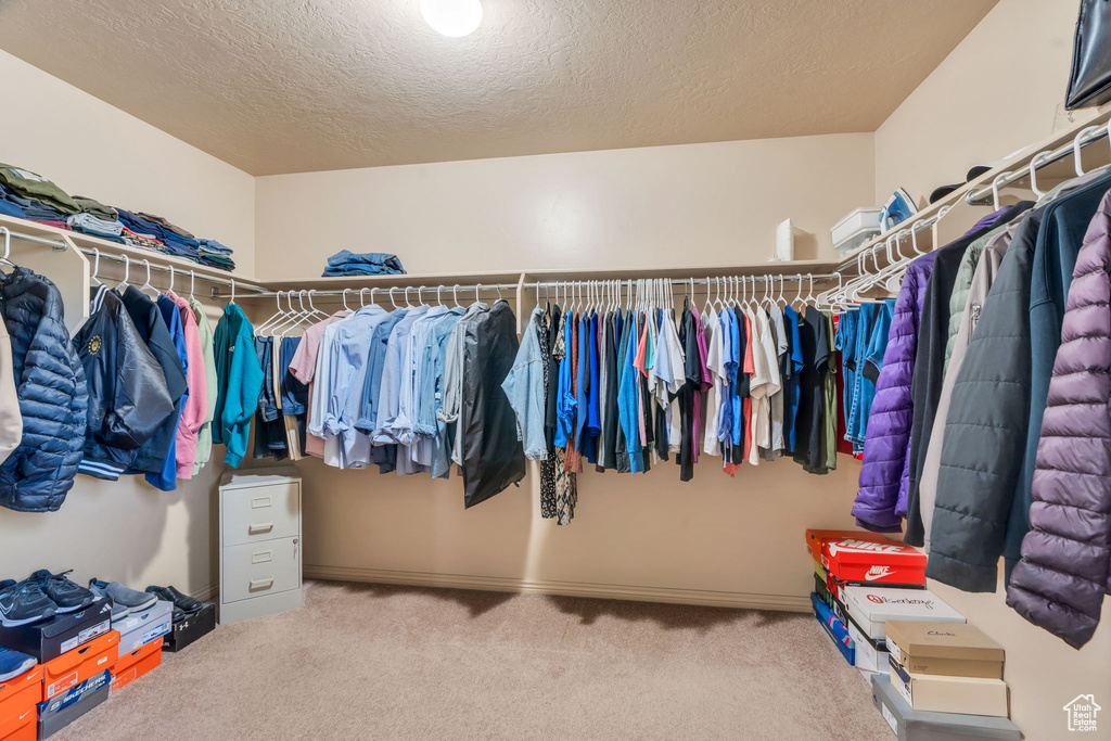 Walk in closet with carpet floors