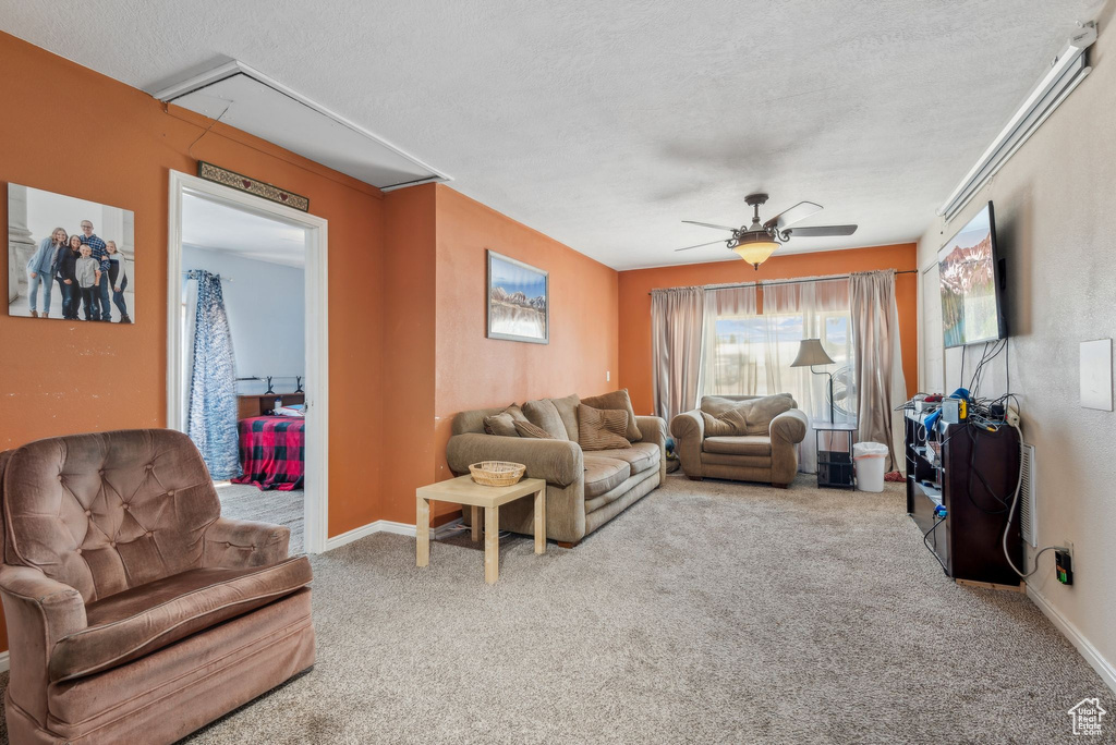 Carpeted living area featuring a ceiling fan, attic access, and a textured ceiling