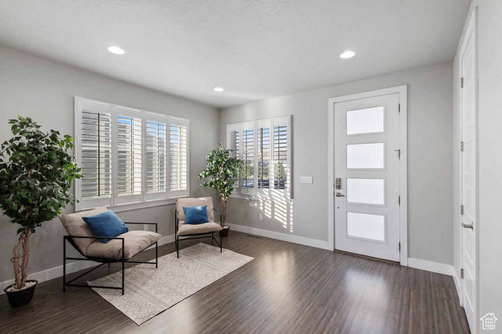 Entryway with wood finished floors and recessed lighting
