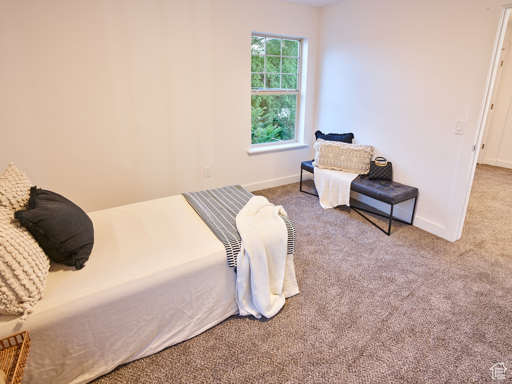 Bedroom featuring carpet floors and baseboards