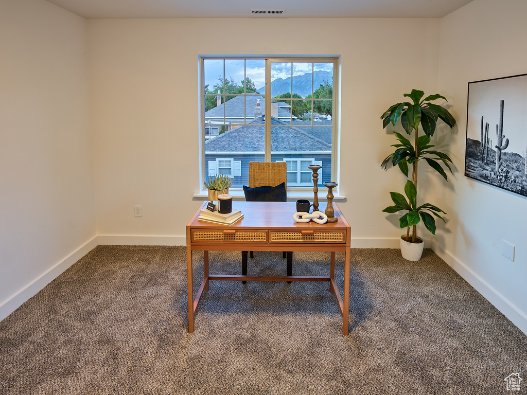 Carpeted home office with baseboards