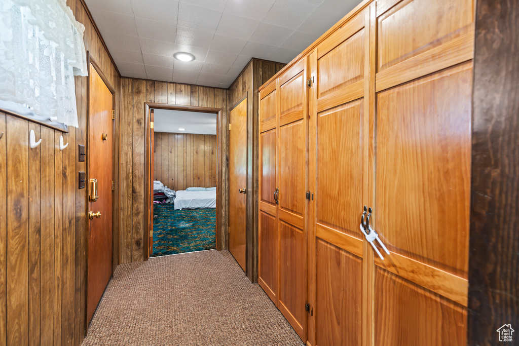 Hallway featuring carpet and wooden walls