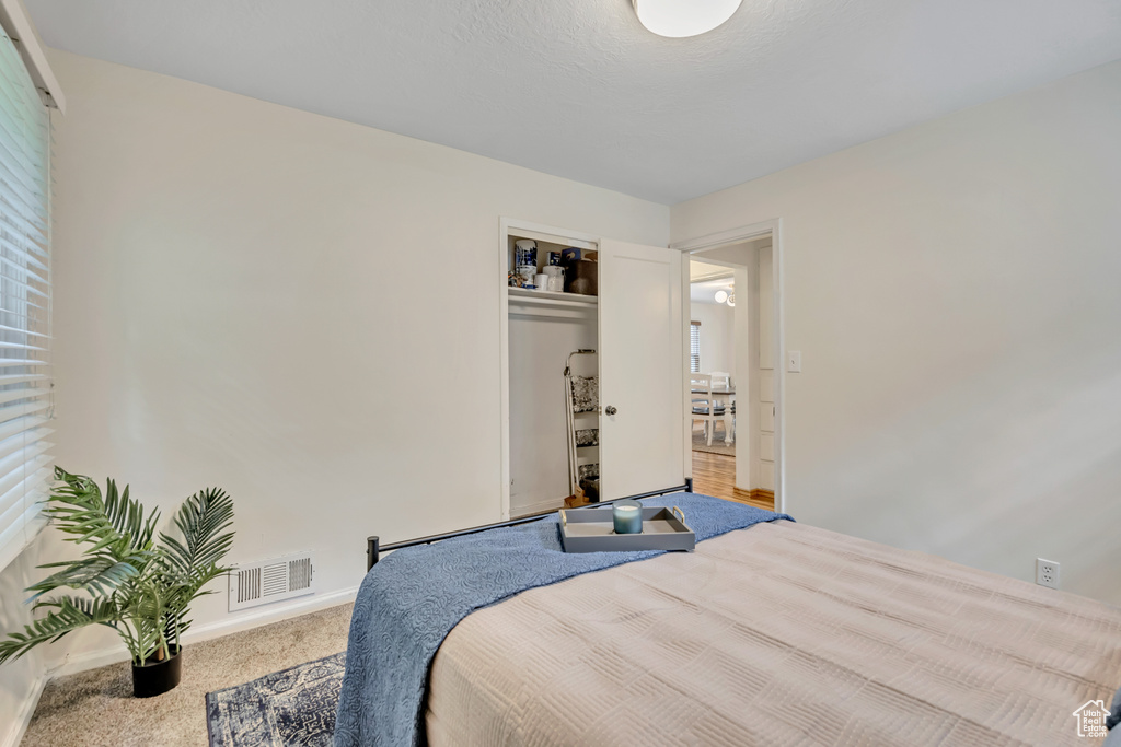 Carpeted bedroom featuring a closet