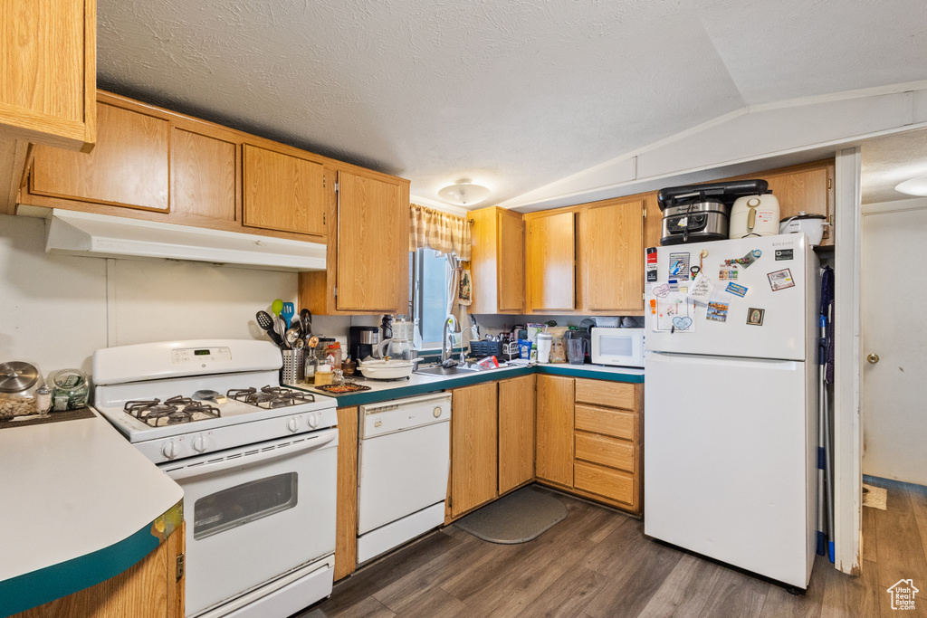 Kitchen with white appliances, under cabinet range hood, dark wood finished floors, light countertops, and vaulted ceiling
