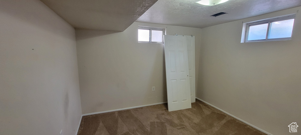 Below grade area with carpet flooring and a textured ceiling