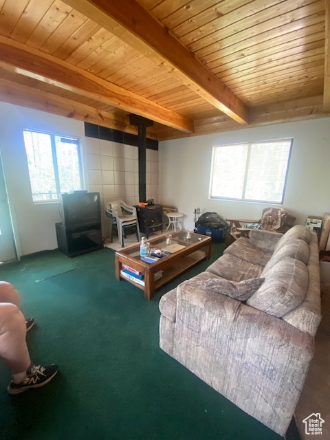 Living room with a wood stove, plenty of natural light, a wood ceiling with exposed beams, and carpet